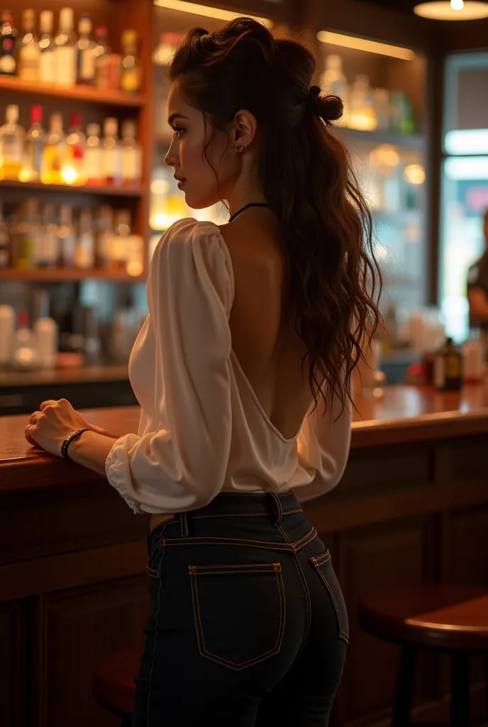 Take a picture :
of a beautiful woman with a beautiful figure who stands at the bar table leaning slightly forward, hands on the stand, back frame , just below, and at the same time have a girl somewhere in 3/4, , you can't see the face
high tail, focus on...