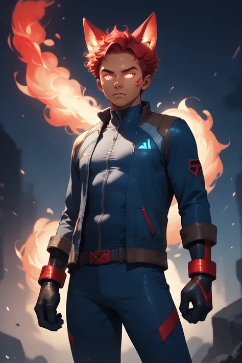   dark-skinned, with short  hair . ,  He wears a modern,  outfit, including  a no sleeve  jacket, cargo pants, and sturdy boots. Blue marvel from marvel, red hair,  fox ears, glowing red   power,  full_body images,  young  man, glowing  eye , gloves, Adam ...