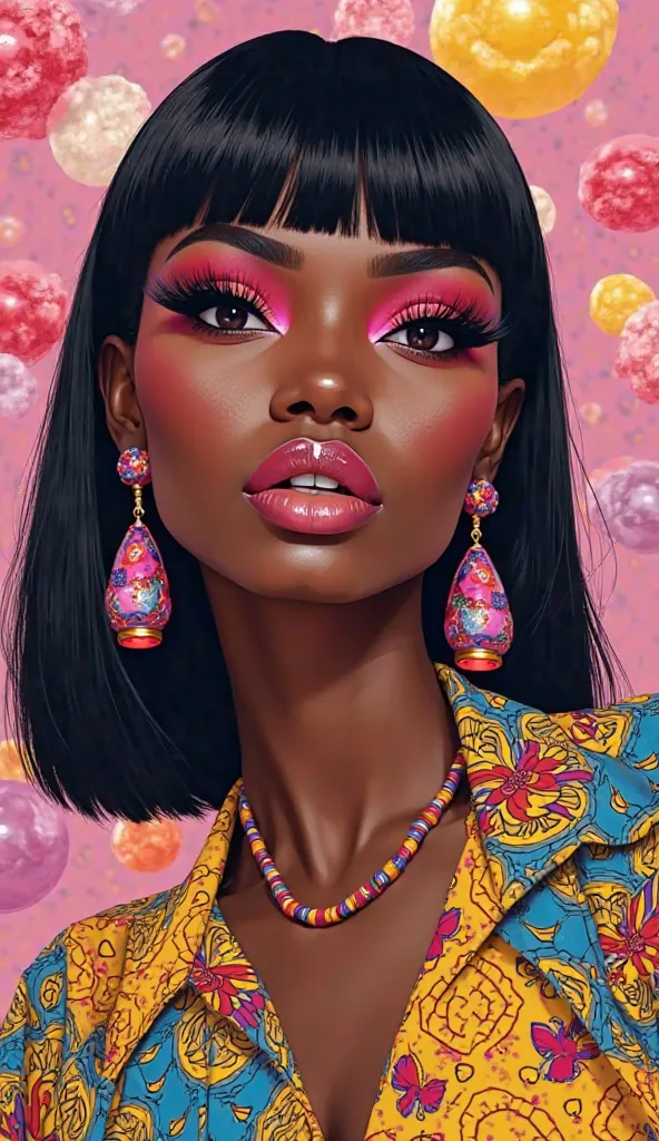 
" ilustración hiperrealista stunning African woman with deep brown skin, wearing bold, vibrant makeup with striking pink eyeshadow, long voluminous lashes, and glossy pink lips. Her sleek, straight black hair features a stylish fringe (bangs), framing her...