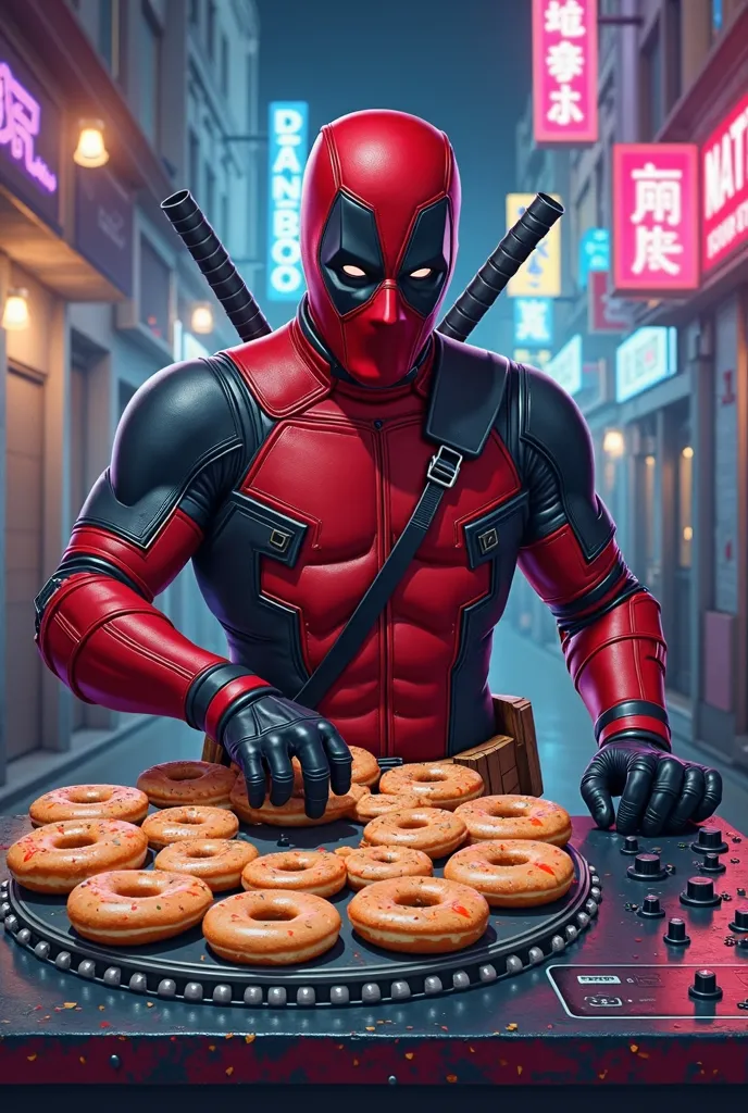 Deadpool playing a turntable made with donuts, bottomless