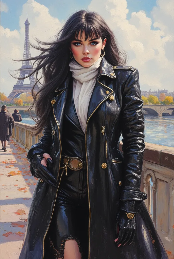 oil painting hyperrealistic fantasy, beautiful 21-year-old Russian woman with Russian features, Long jet black hair, sapphire blue eyes, shiny reddish lip gloss, white porcelain skin like a doll, pink cheeks, con un NIÑO de tres años de Long jet black hair...