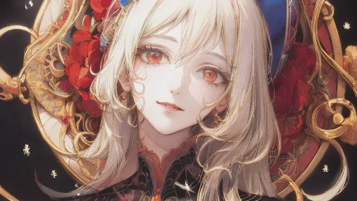 masterpiece: 1.7, highest quality、(  highly detailed CG  、 Ultra High Definition 、Best Shadow:1.1)、Picturesque、  sketch、  Witch、black dress、  Snow white hair、 Red Eyes、Paper Texture、shown in ultra-high resolution、 Very Detailed Face 、flat-colors、Extremely ...