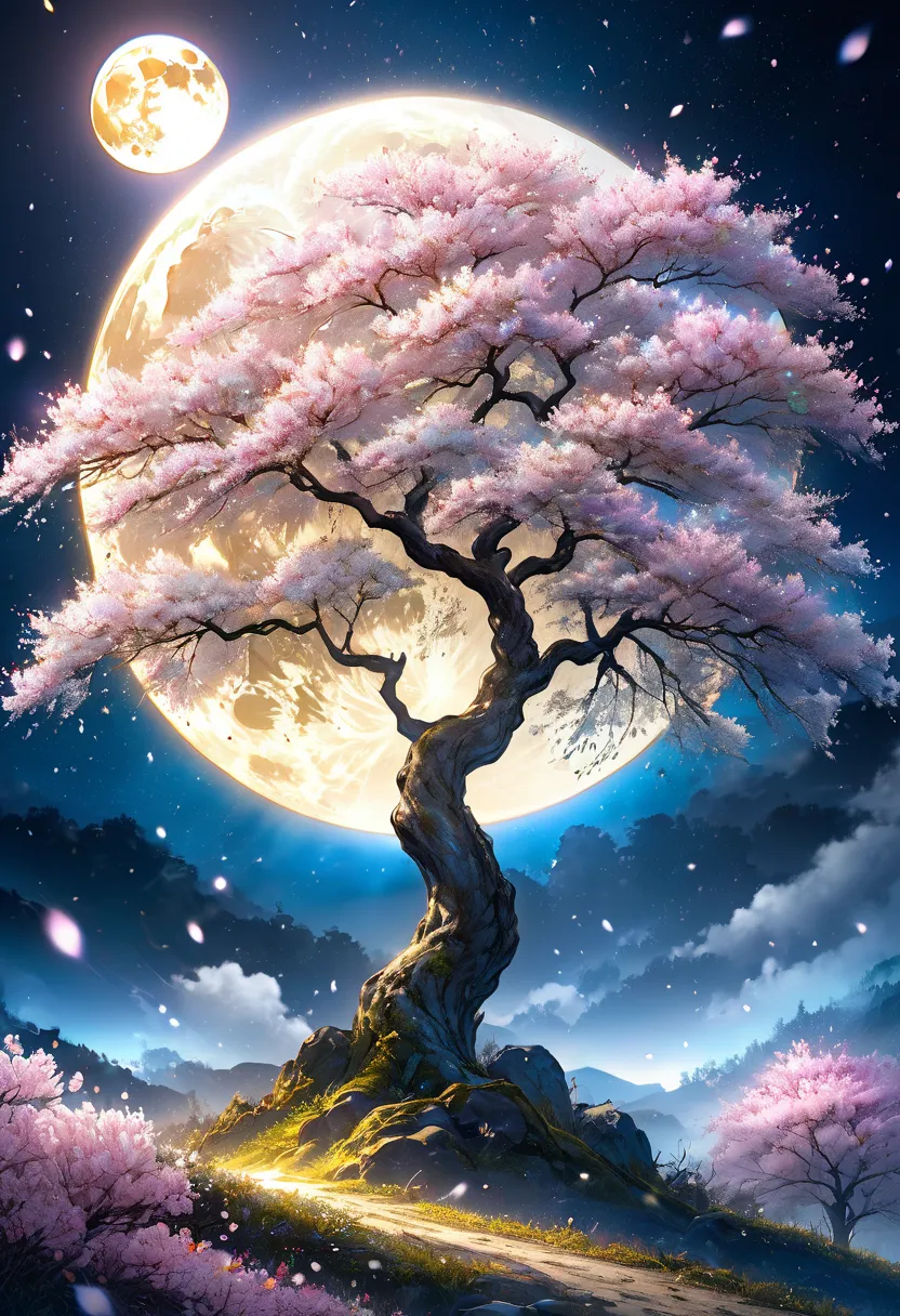 ultra detailed, absolutely resolution, masterpiece, highly detailed, sharp focus, vivid colors, soft lighting, cinematic composition, beautiful cherry blossoms at night, huge white full moon, background dim light blue, foggy and iridescent gold dust glitte...