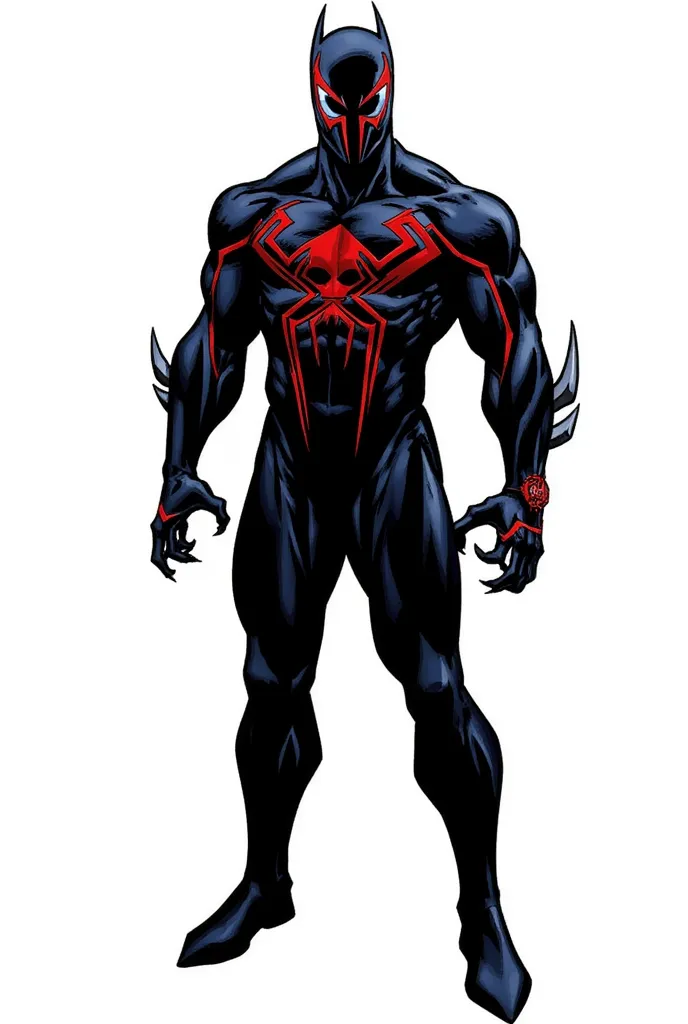 His suit is sleek and tactical—black with dark blue and crimson accents. His mask has sharp, angular white lenses similar to Batman’s cowl, and the chest emblem is a stylized arachnid. His gloves and boots have retractable claws for climbing and combat.