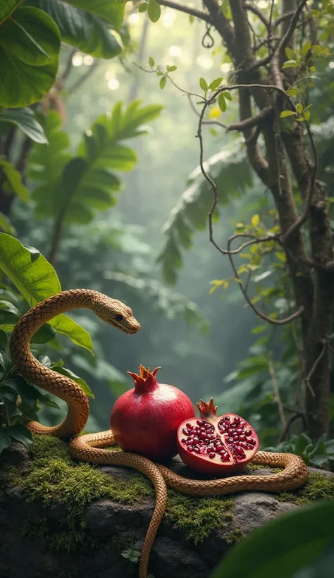 Create an image of a pomegranate and a snake facing each other in a lush Southeast Asian setting. The pomegranate is ripe, deep red, with some seeds exposed, resting on a moss-covered rock. The snake, a golden tree viper, is coiled on a branch, its scales ...