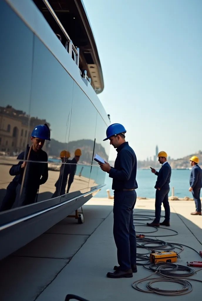 
A yacht company expert is checking a yacht hull, he has a blue helmet on his head, there are 2-3 other workers with him, they are wearing yellow helmets and checking the yacht, there are cables on the ground, toolboxes around, the workers have tools in th...