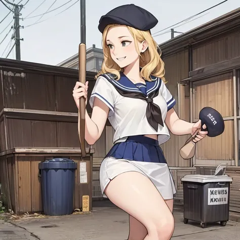 Solo girl, pretty and aggressive girl at school wearing sailor uniform, looking away, very outgoing, chubby thighs, breasts hidden behind blouse, rude face, long wavy hair, blonde hair, delinquent style girl, smiling wryly holding a baseball bat, popular g...