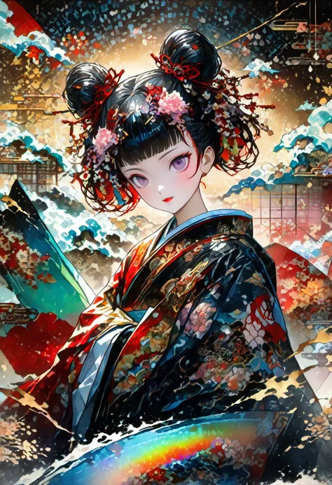  kabuki,  kabuki make-up, ukiyo-e, Japanese painting, Woodblock print,  Attractive and Seductive Expression , Red twin hair,  wearing an open, rainbow-colored, colorful Japanese kimono,  painted with a fusion of oil and watercolor painting 、iridescent stai...