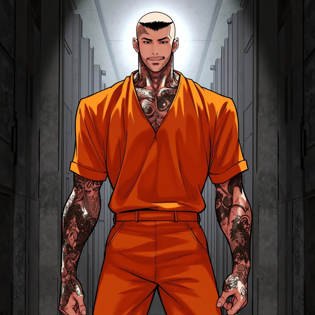 Inner scene "look" manga with tall male character holes Athletic body, strong, bald head, black hair, facial fearful appearance, sharp angular appearance , Elegant tall male figure, , Confident and relaxed posture, strong jawline, intense gaze, muted color...