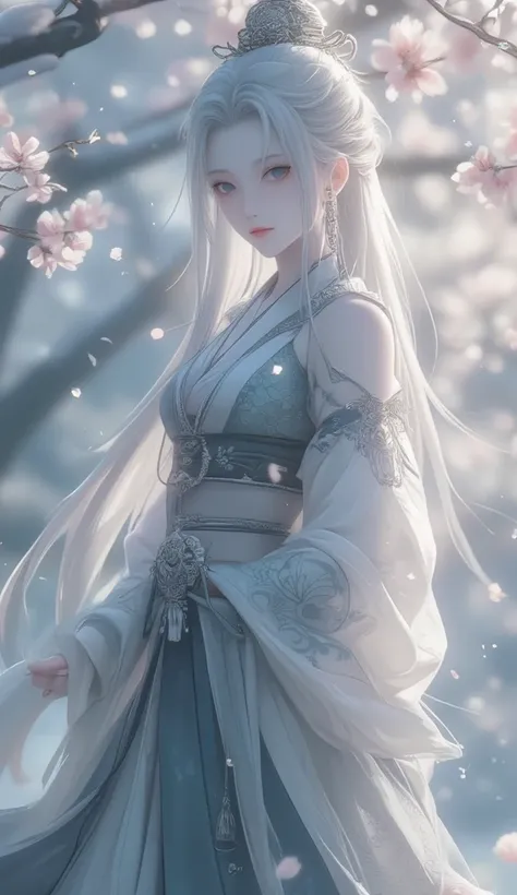 A breathtaking masterpiece in 8k resolution, capturing an anime-style young girl dressed in Hanfu standing sideways under a plum blossom tree amidst the snowfall. She faces the camera with an expressionless face, her white waist-length hair tied behind her...