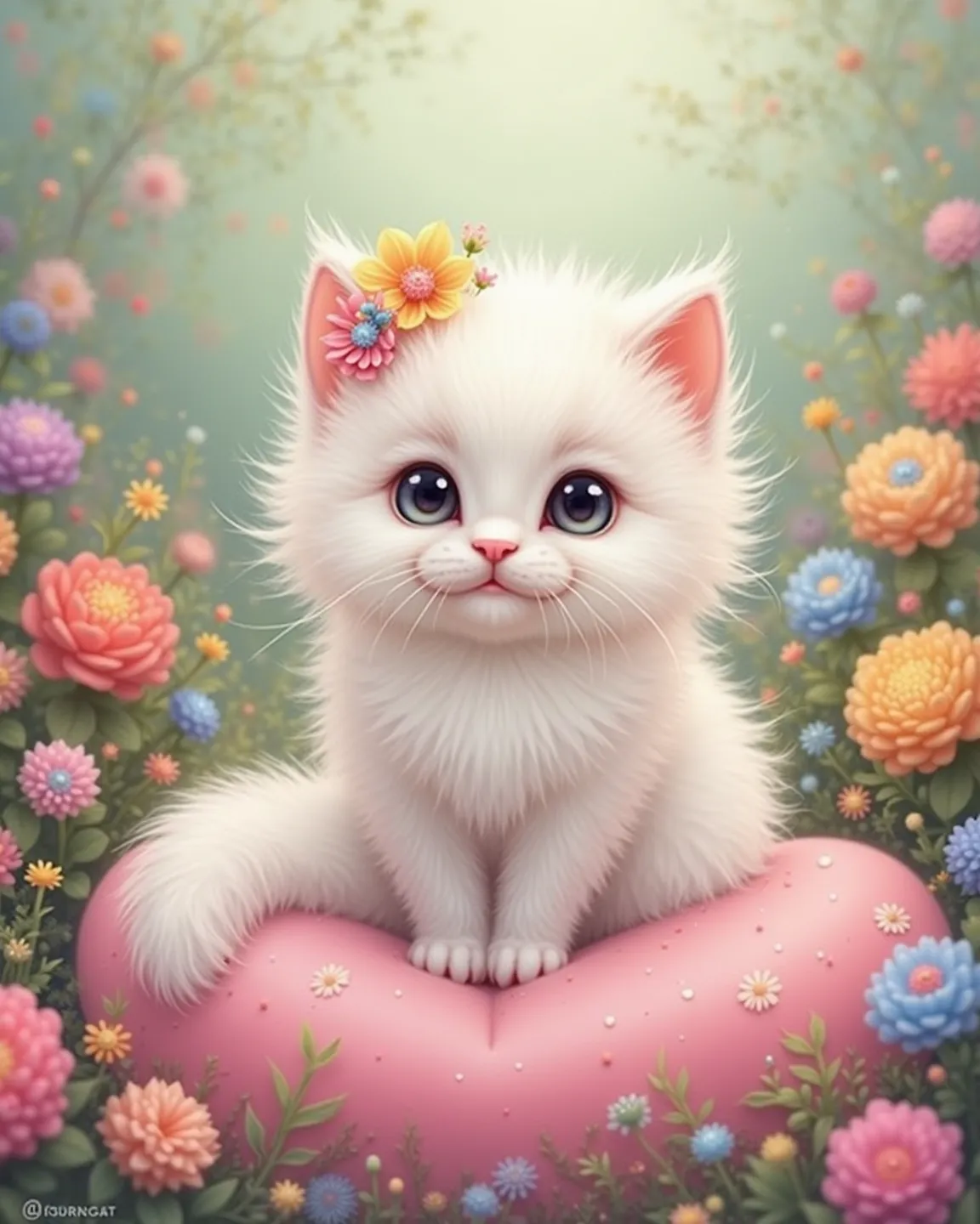  cute kitty、White and fluffy、 Colorful Flowers 々、Flower hair dress、pink heart cushion