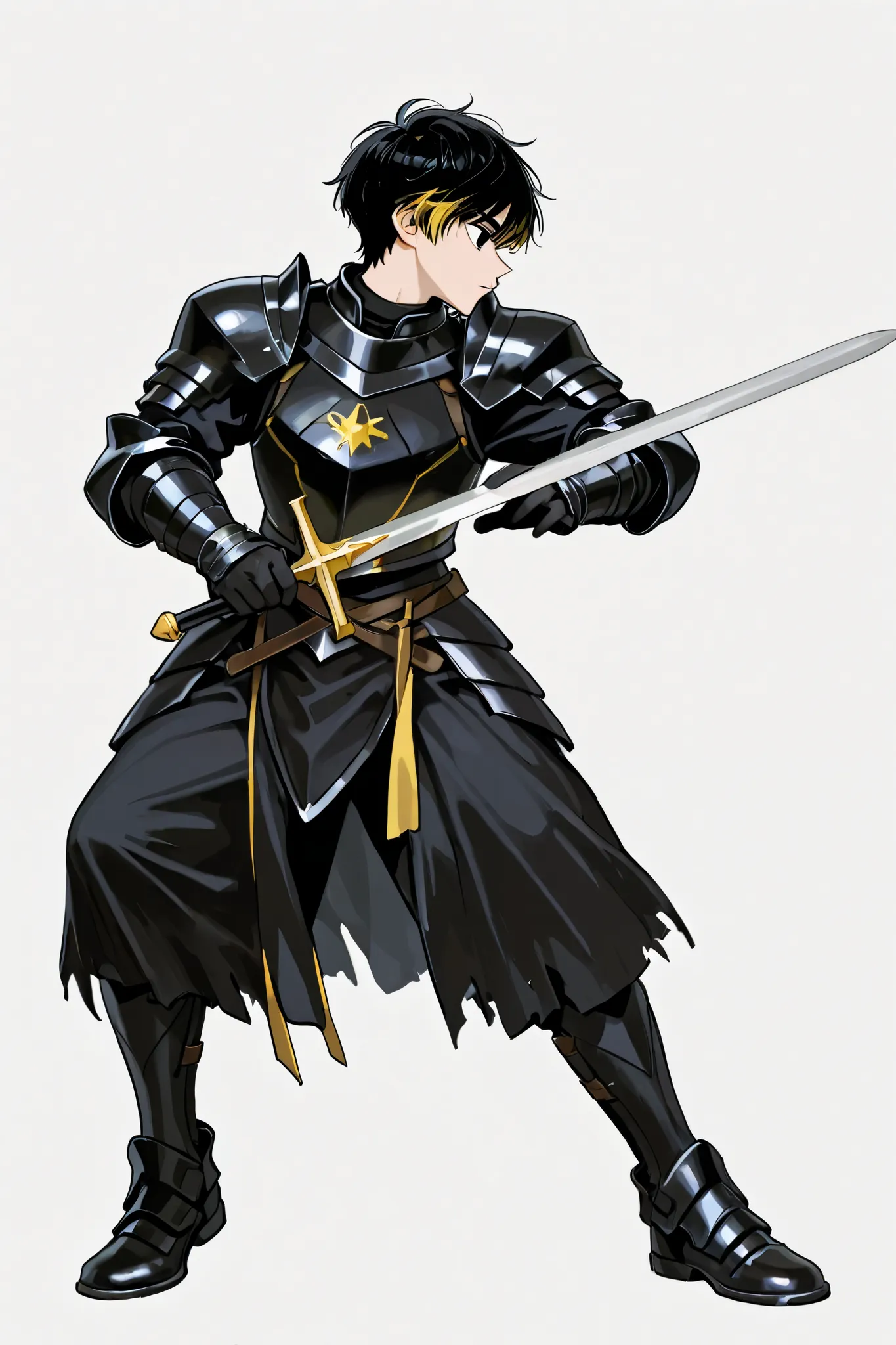 Knight in dark armor, black hair with yellow tips,  Black Eyes, short hair,  with a highly detailed sword , You are in a fighting posture, ready to attack, profile position, white background, full body