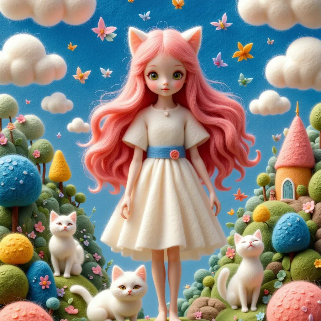 Delicate Felt Paintings、Cute Fantasy Cat Journey、1 girl、Getting ready for the trip 、Cute Cat Companions、 the fantasy forest 、flower、Ultra-detailed、masterpiece、Magical Realism、 Magical Lighting Effects 、bright color、Concept Art