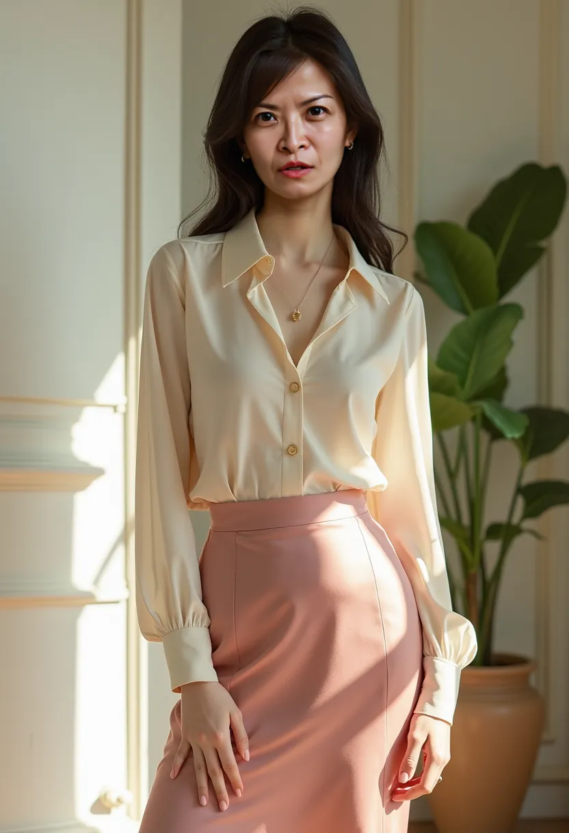 high quality, actual , Oriental Beauty ,151cm,40kg,Young white-collar women, front full body, stands,Elegant Posture,beige chiffon shirt,satin shiny silk pink mermaid skirt,Interior scene,gentle natural light,Fine texture,high resolution, Fine Details 