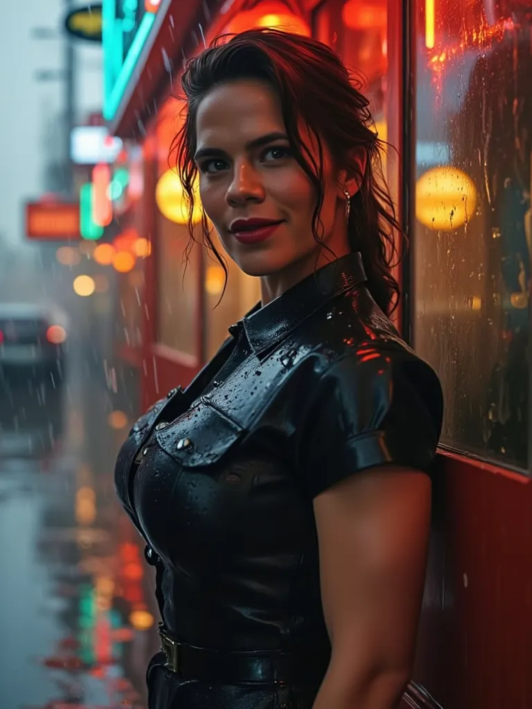 Hayley Atwell as a busty waitress outside a diner in the rain