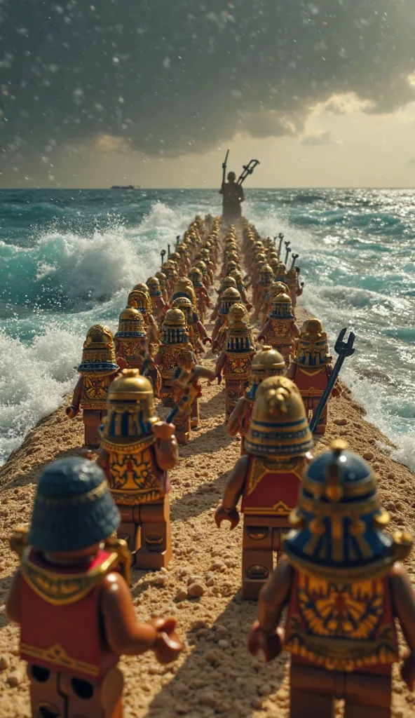 "LEGO figures depicting Egyptian soldiers in gold armor and chariots advancing along the dry path between the water walls of the Red Sea. Some soldiers have expressions of surprise and fear. Moses, from a distance, raise your hands, about to order the wate...