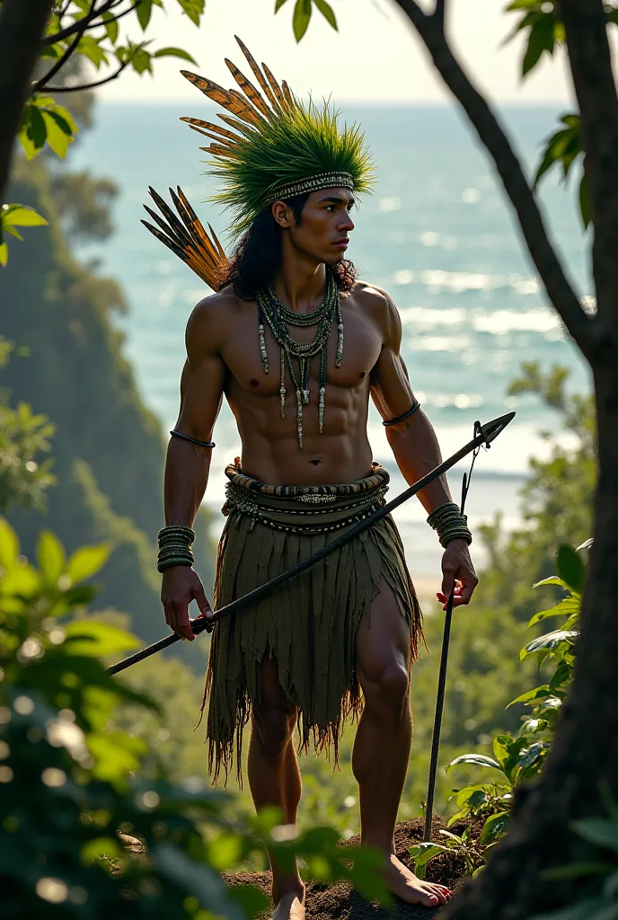 Create an indigenous person in the woods with a bow and arrow, From the green headdress . Next to the sea , with pearls in hand 