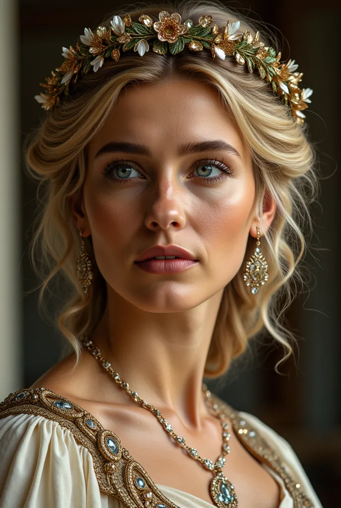 Ultra-detailed portrait of a Roman princess exuding timeless beauty and regal perfection. Her face is impeccably proportioned with delicate, sculpted high cheekbones, a refined and graceful jawline, and a subtle, elegant nose. Her flawless complexion and s...