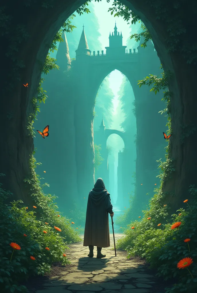 "Hearing Rehan's words, the sorcerer looks surprised. As he throws away his magical staff, a bright light spreads throughout the castle, transforming it into a beautiful garden. The butterfly glows even brighter, radiating a feeling of happiness