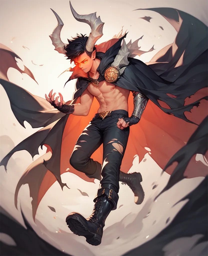 Humanoid creature, black hair, glowing eyes, silver horns, ripped black cape, black pants with Golden details, black boots, red tattos around the body