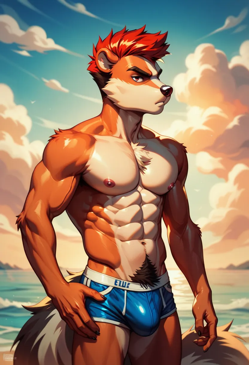  a skunk ,  fluffy ,  hairy, male, Retro furry , Alone, Random furry, skinny, Serious,  abs,  pectorals, massive bulk, Red hairstyle , perfect body,  without defects, best quality,  5 fingers, Perfect hands, wearing underwear, posing styles, stopped, cloud...