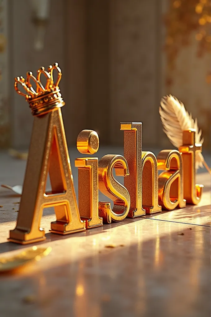 
Un rendu 3D fascinant du nom " Aishat" en lettres d'or exquises, dégageant un air d'élégance et de sophistication. Le mot est orné d'une couronne royale et d'une plume élégante et