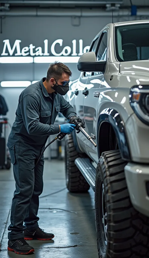 A professional auto body painter working on a 4x4 truck inside a high-end, modern workshop named 'MetalColor.' The worker is wearing protective gear, including a spray mask and gloves, while applying a fresh coat of paint to the truck using a professional ...