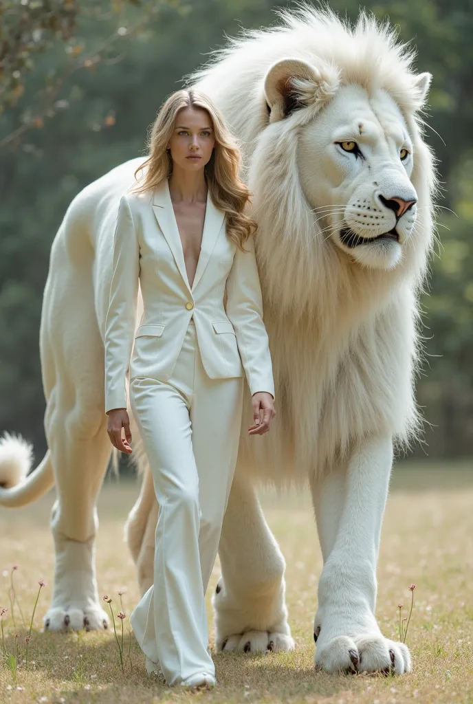 Une jolie femme habiller en costume blanc marche avec un gros lion majestueux d'un costume blanc et marche comme un humain.