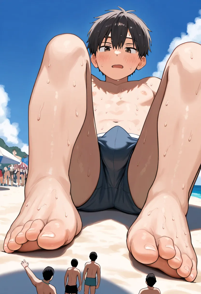  simple background, (macro size: 1.2), at the beach,  people on the ground, (multiple people: 1.0), (closeup feet and legs: 1.2), (2 male friends closeup face and chest: 1.1) sweat, bulge, (2panels: 1.2), (3 panels: 1.2)