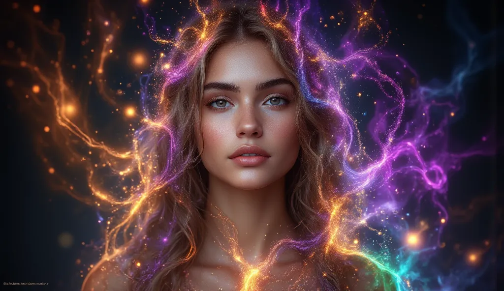 A captivating portrait of a young woman, her long hair cascading over her shoulders, standing in a radiant aura of colorful  light. She is posed with her hands resting over her heart, embodying tranquility and spiritual connection, her expression serene an...