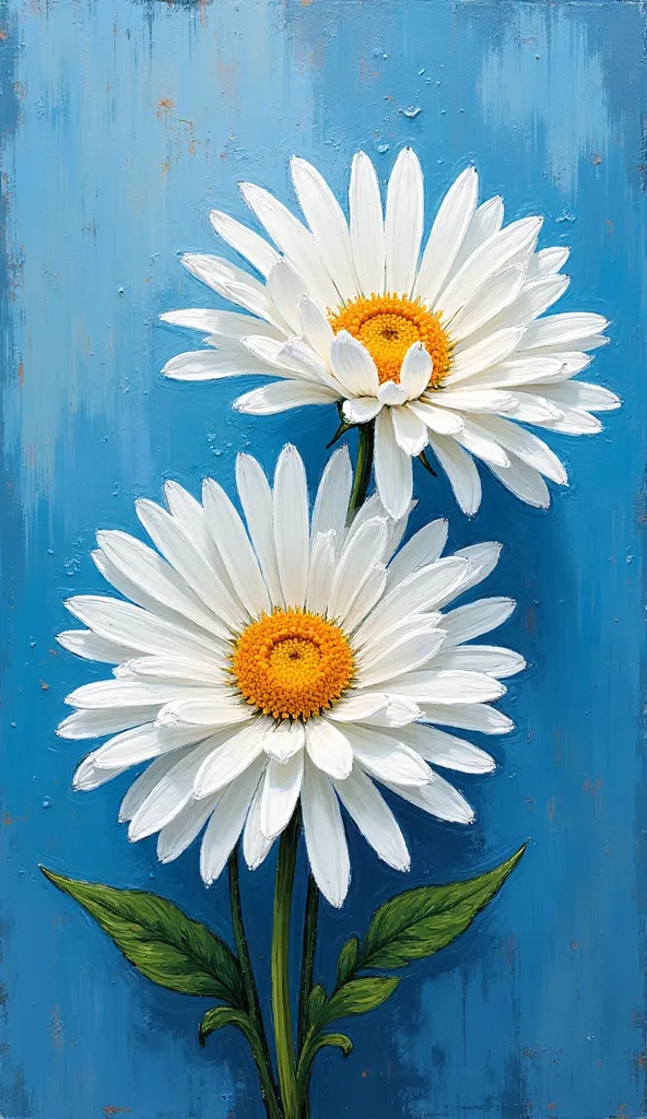 The image above is a painting of two or three white chrysanthemums on a blue background with a slightly rough acrylic color. The petals are white with a slightly smudged edge, the pistil is orange-yellow, creating a sense of depth and liveliness. The stem ...