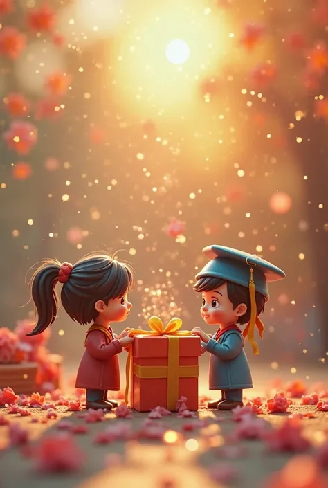 . Pictures of small characters interacting with gifts from multiple occasions such as birthdays or graduations.
• The creative idea: is small characters celebrating the distribution of gifts to attendees at a graduation party or birthday.