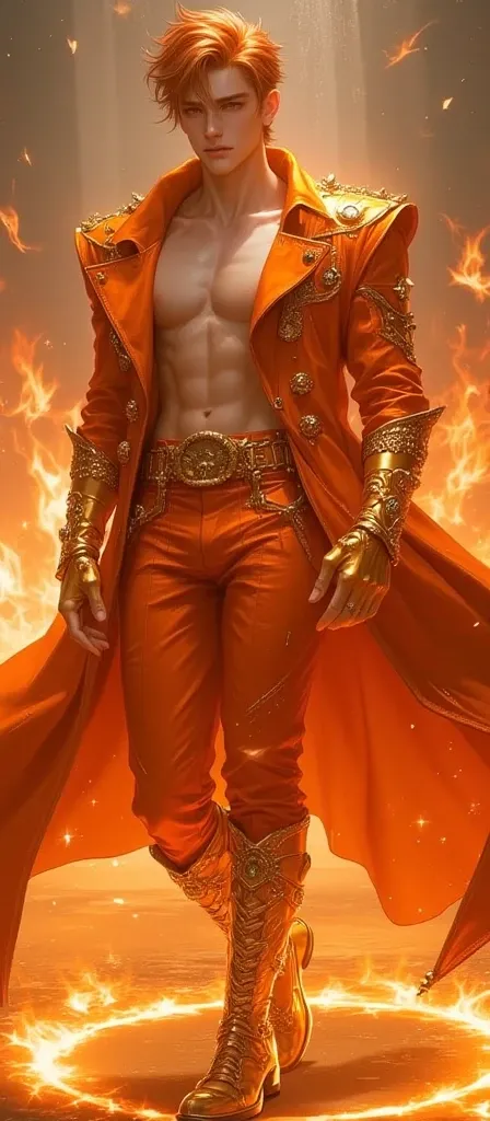 Full body photorealistic handsome hunky fractal masculine copper hair Vestes ,wearing a orange with gold bulging transparent crystal chrome glass trimmings super suit , look at camera, detailed face parts, with majestic bursting fire as background, Freesty...