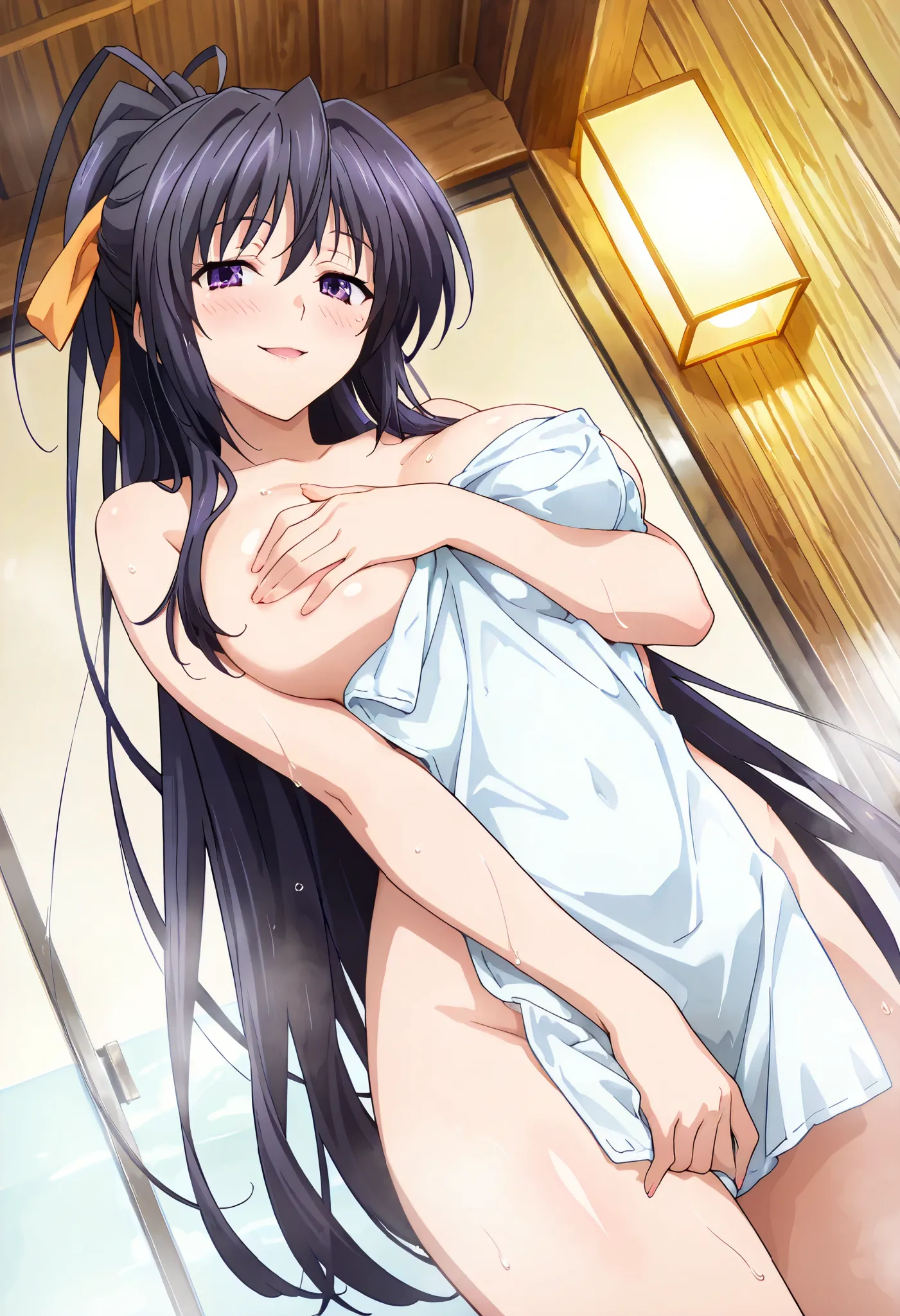 1 woman, akeno himejima, solo, dutch angle, from below, dark hair, violet eyes, covering her breasts with her arm, thicc thighs, seductive pose, seductive smile, blush, spa, masterpiece, high quality, highly detailed