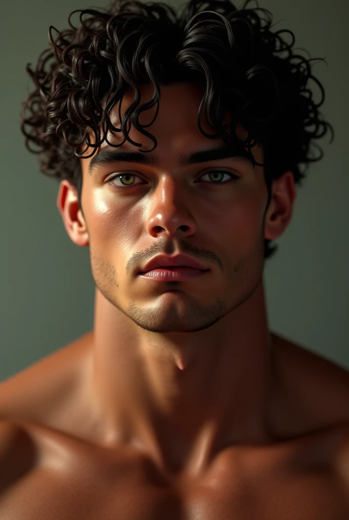 A very handsome young man, tall, huge muscular body,  green eyes, black curly hair. A young man in his twenties. With a very light complexion. His features are sharp, masculine.