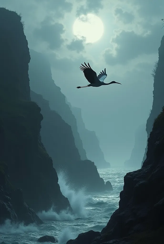 A stork flying over a cliff, Dark and dense clouds