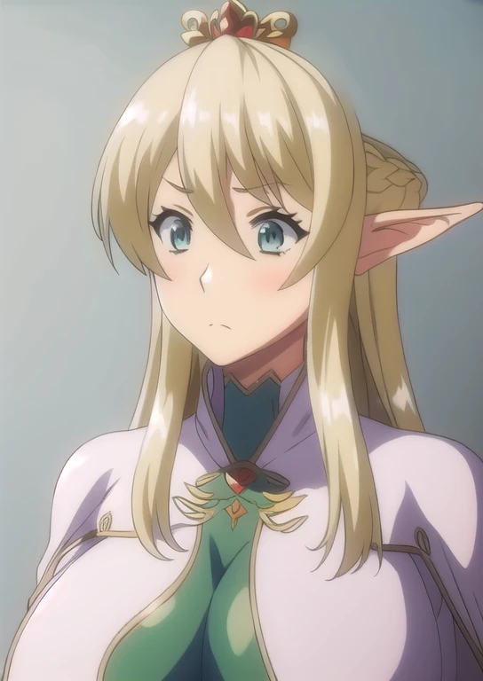 (((Best quality))),((Ultra-detailed)),((illustration)),((Disheveled hair)),((frilld)),(1 girl), Almia Agraliel \(Kyonyuu Elf Oyako Saimin\),green eyes,long hair,blonde hair, 1girl,blush,braid,breasts,covered nipples,elf,frown,gem,grey background,huge breas...