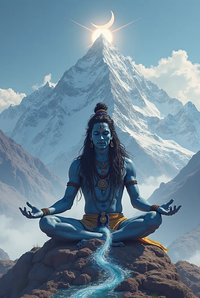 • A majestic image of Lord Shiva sitting in meditation on Mount Kailash, with the crescent moon on his forehead and the Ganga flowing from his hair.