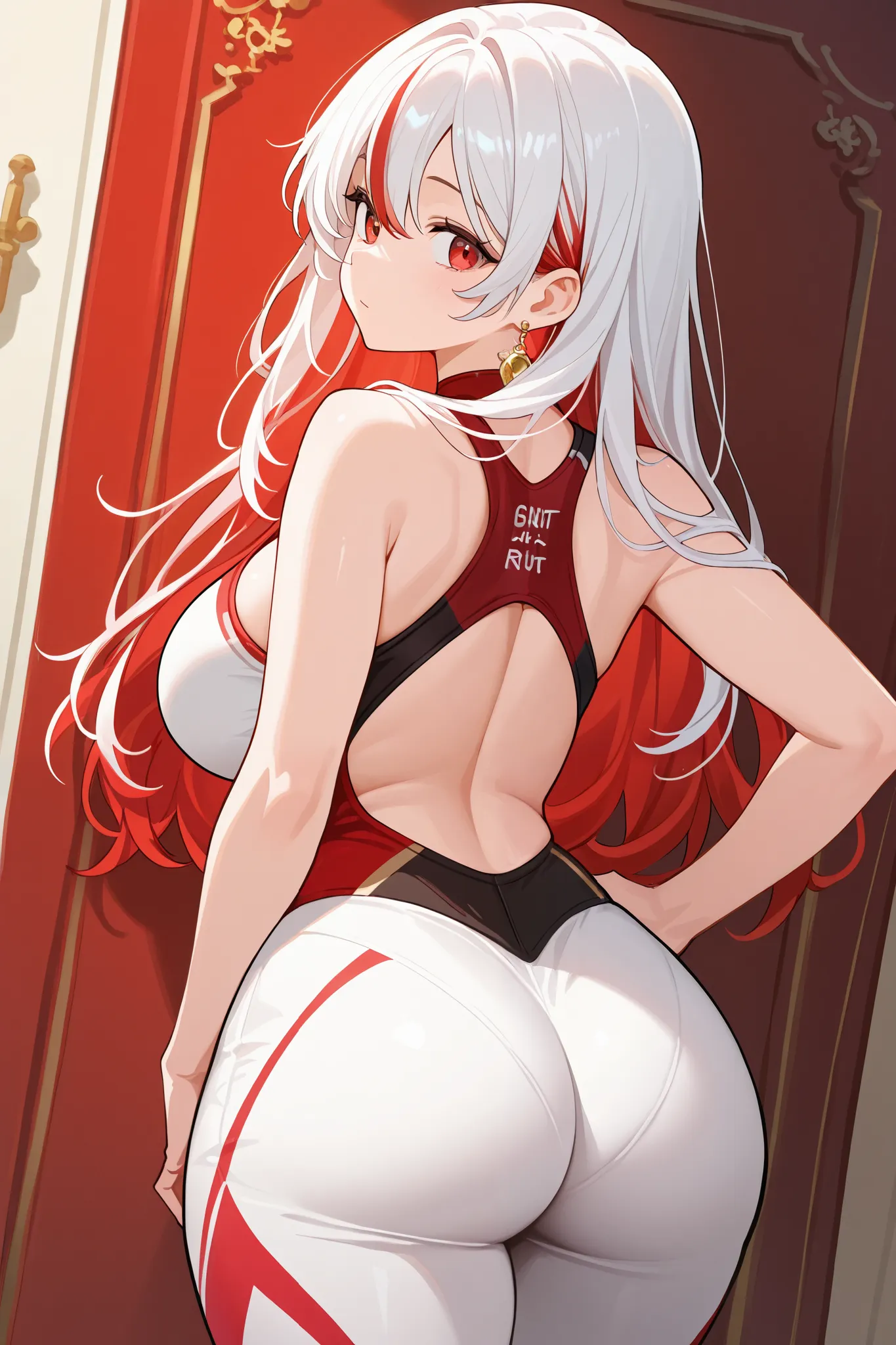 1 girl, Hair length reaches the back, White hair with some red hair on the edges., red eyes, but not bright, curvy body, wear a sexy sport outfit, หน้าอกไซส์ปานกลาง, have a golden earrings