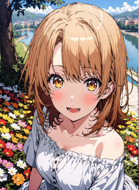 Irohaisshiki, Isshiki Iroha , short hair, brown hair, brown eyes, bare shoulders,Bare clavicle,Bare neck,smile,blush,open your mouth,straw hat with right hand, White Off Shoulder Dress,Short sleeve, white long skirt, cute heeled sandals ,There is a beautif...