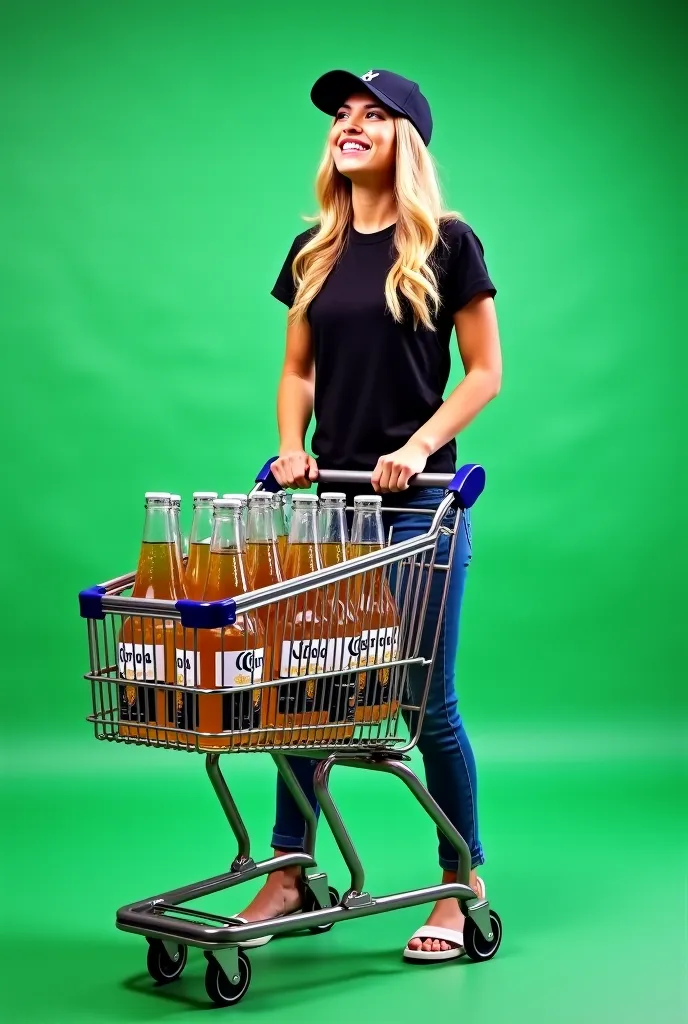 Young Brazilian woman,  of 23 years, Adriana Lima's face, heavenly eyes, long blond hair, with a black t-shirt outfit,  tight blue jeans , black baseball cap, Pushing a shopping cart with wheels, laughter,  Carry a lot of bottles of Coca Cola and Corona to...