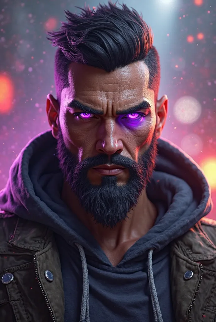 Freefire male character with beard and purple eyeshadow 