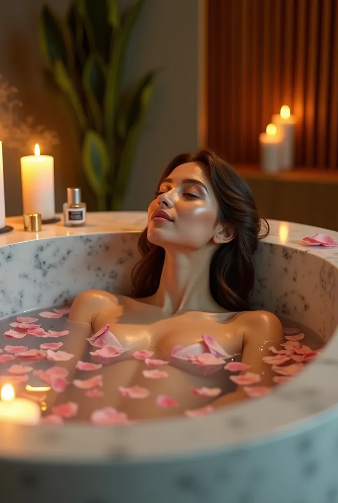 A highly detailed, ultra-realistic image of a stunning woman named Nazlia relaxing in a luxurious spa. She is seated in a modern, high-end marble bathtub filled with warm, crystal-clear water infused with delicate rose petals. Soft candlelight flickers aro...