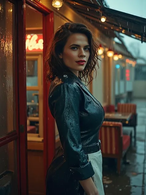 Hayley Atwell as a busty waitress in uniform, standing outside an American diner, in the rain