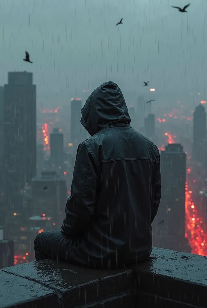 A lonely man wears a dark hooded coat, sitting on the edge of a tall building, silently watching the city below. Your face is hidden by the shadows of your hood, adding an air of mystery and introspection. The city below shines with red lights and dark sha...