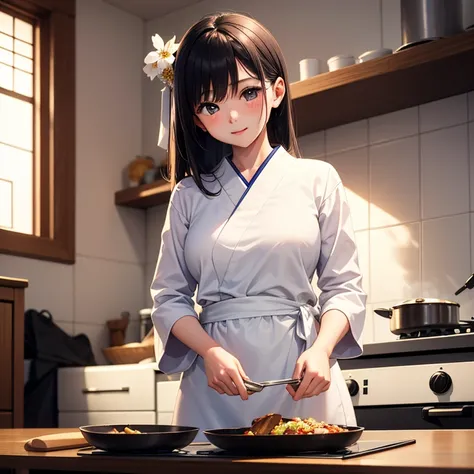 Beautiful and attractive Japanese wayfu-style girls,in a beautiful white, flowery dress in a bedroom,She's looking at the viewer,She was cooking next to the stove preparing dinner