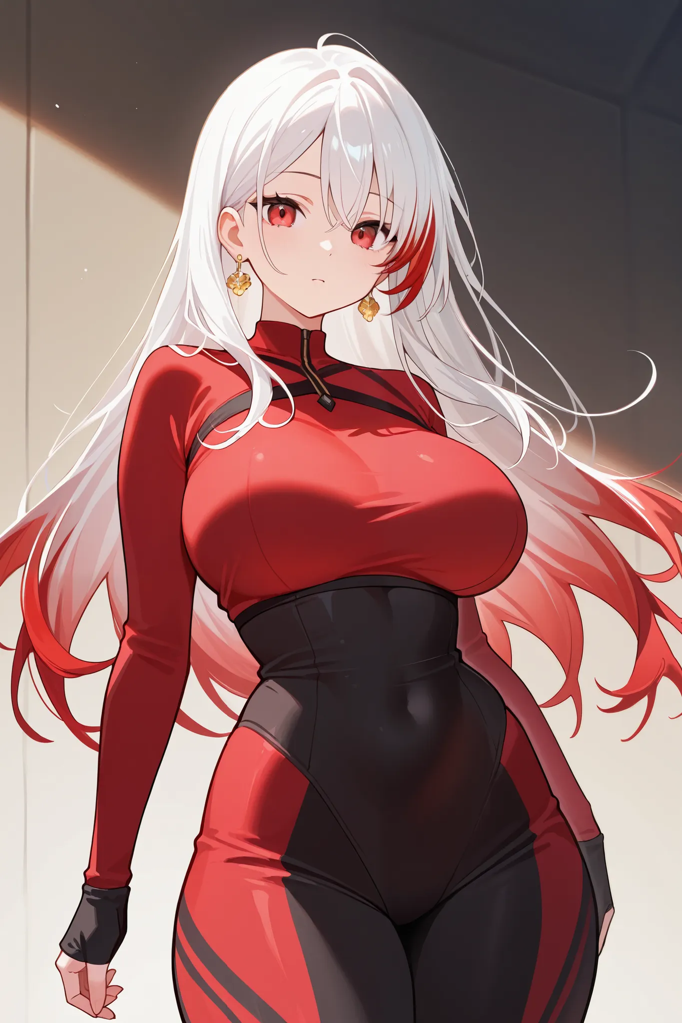 1 girl, Hair length reaches the back, White hair with some red hair on the edges., red eyes, but not bright, curvy body, wear a sexy sport outfit, หน้าอกไซส์ปานกลาง, have a golden earrings