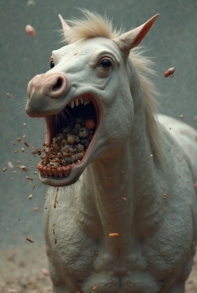 Make me a horse that has an open mouth with objects in its mouth and that acts as if it sucks things with its mouth