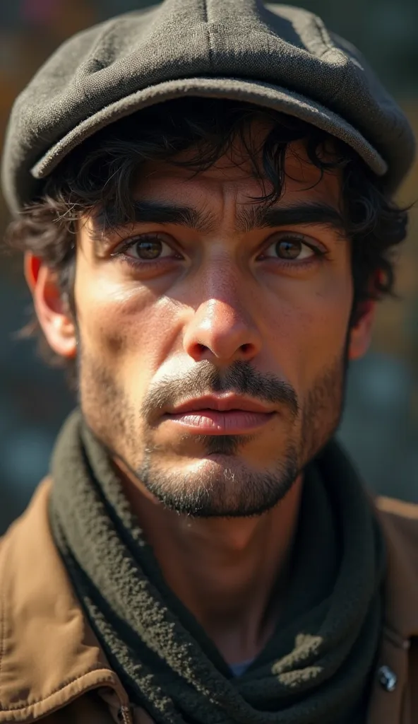 Two eyes of Adrián wearing a painter's beret and in the back is his blurry apartment. 