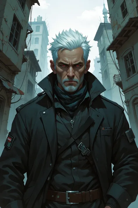 anime. man. white hair. Serious face.  mature. Environment: dark, Abandoned houses around